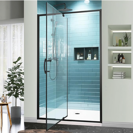 GroGro 38-42 in. W x 71 in. H Pivot Semi-Frameless Shower Door, Matte Black, 1/4 in. Clear SGCC Tempered Glass, Reversible Installation