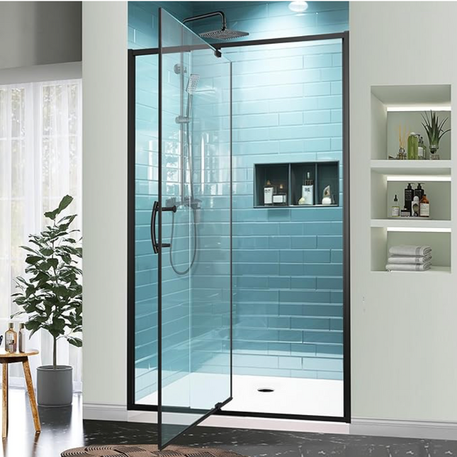 GroGro 38-42 in. W x 71 in. H Pivot Semi-Frameless Shower Door, Matte Black, 1/4 in. Clear SGCC Tempered Glass, Reversible Installation
