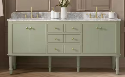 Collette 72 in. Double Sink Freestanding Bathroom Vanity in Moss Green with White Carrara Marble Top