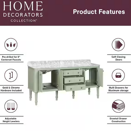 Collette 72 in. Double Sink Freestanding Bathroom Vanity in Moss Green with White Carrara Marble Top