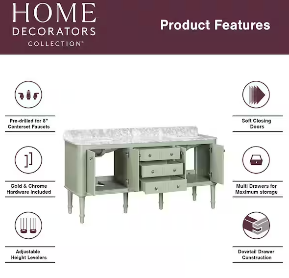 Collette 72 in. Double Sink Freestanding Bathroom Vanity in Moss Green with White Carrara Marble Top