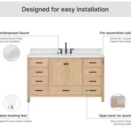 ARIEL Cambridge 60 in. Single Sink Freestanding Bathroom Vanity in Oak with Carrara White Quartz Top