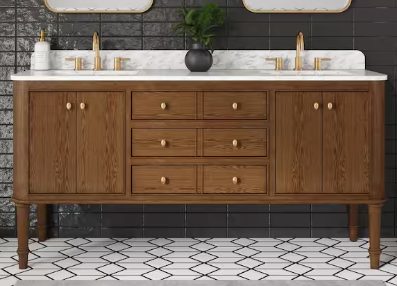Collette 72 in. Double Sink Freestanding Bathroom Vanity in Oak with White Carrara Marble Top