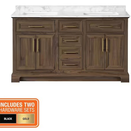 Home Decorators Collection Doveton 60 in. Double Sink Freestanding Dark Walnut Bath Vanity with White Engineered Marble Top