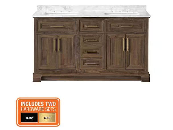 (BA) Home Decorators Collection Doveton 60 in. Double Sink Freestanding Dark Walnut Bath Vanity with White Engineered Marble Top