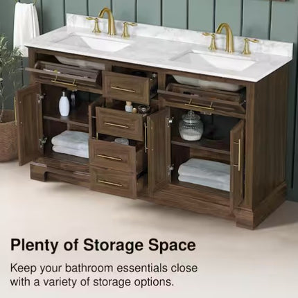 Home Decorators Collection Doveton 60 in. Double Sink Freestanding Dark Walnut Bath Vanity with White Engineered Marble Top