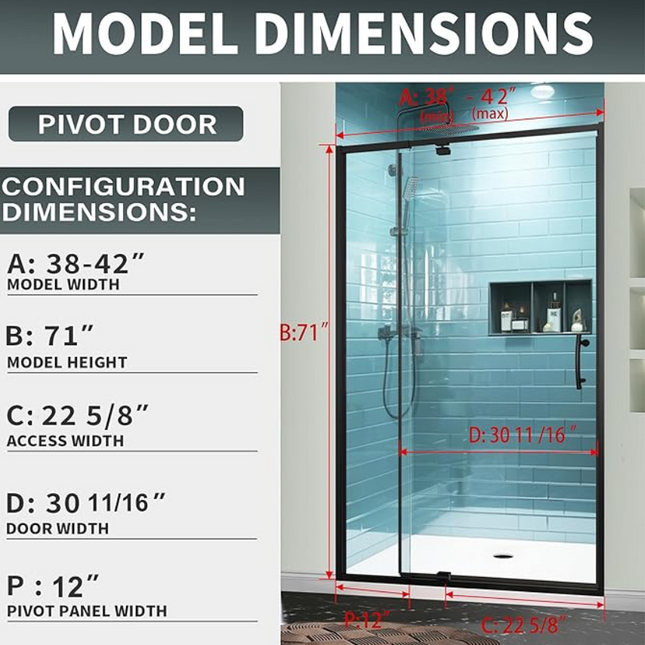 GroGro 38-42 in. W x 71 in. H Pivot Semi-Frameless Shower Door, Matte Black, 1/4 in. Clear SGCC Tempered Glass, Reversible Installation