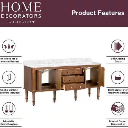 Collette 72 in. Double Sink Freestanding Bathroom Vanity in Oak with White Carrara Marble Top