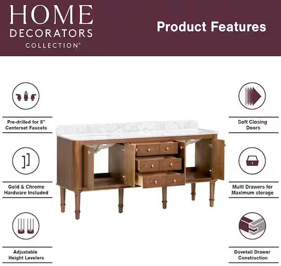 Collette 72 in. Double Sink Freestanding Bathroom Vanity in Oak with White Carrara Marble Top