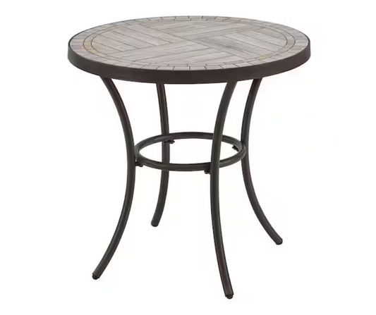 StyleWell 27 in. Brown Round Metal Outdoor Side Table with Grouted Porcelain Top