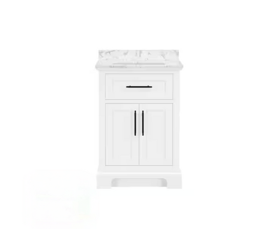 Home Decorators Collection Doveton 24 in. Single Sink Freestanding White Bath Vanity with White Engineered Marble Top (Fully Assembled)