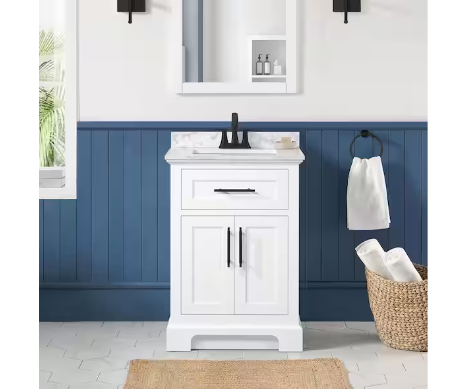 Home Decorators Collection Doveton 24 in. Single Sink Freestanding White Bath Vanity with White Engineered Marble Top (Fully Assembled)