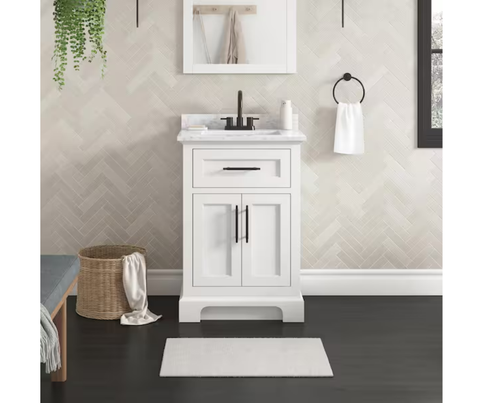 Home Decorators Collection Doveton 24 in. Single Sink Freestanding White Bath Vanity with White Engineered Marble Top (Fully Assembled)