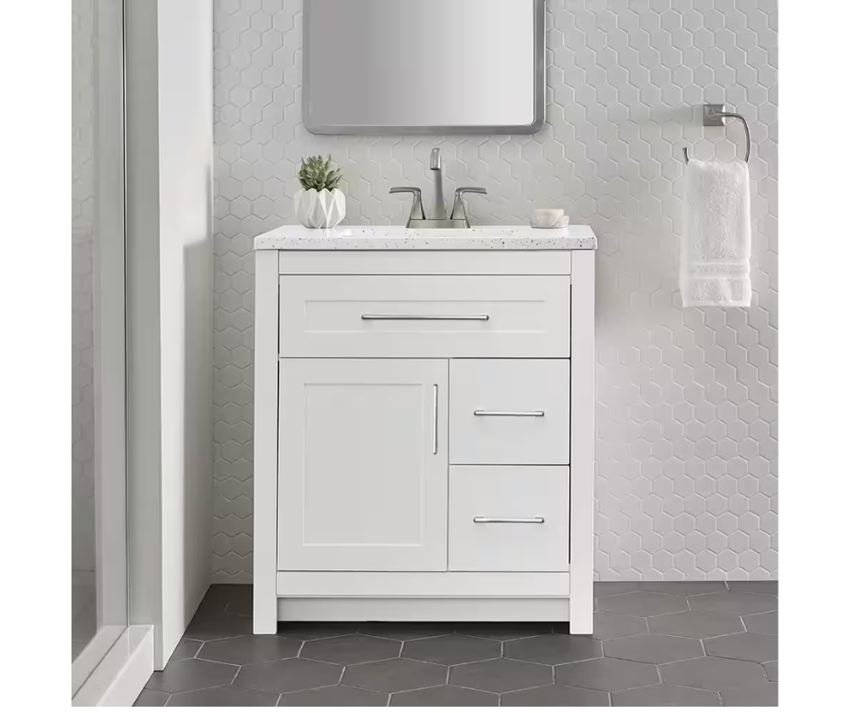 Home Decorators Collection Clady 31 in. W x 19 in. D x 35 in. H Single Sink Freestanding Bath Vanity in White with Silver Ash Cultured Marble Top