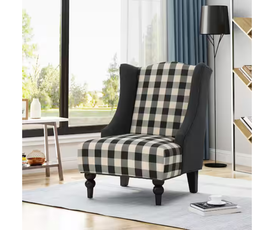 Noble House Toddman Black Checkerboard Fabric High-Back Club Chair