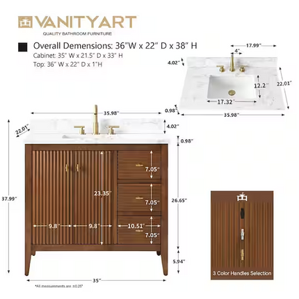 (T) Vanity Art 36" Single Sink Walnut & Marble Top Vanity