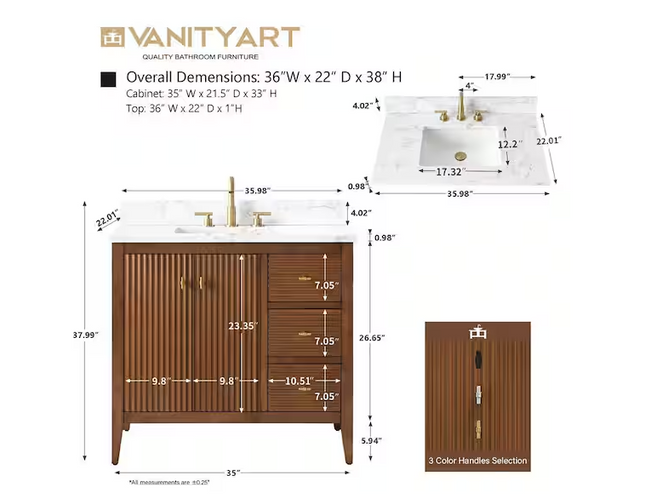 (T) Vanity Art 36" Single Sink Walnut & Marble Top Vanity