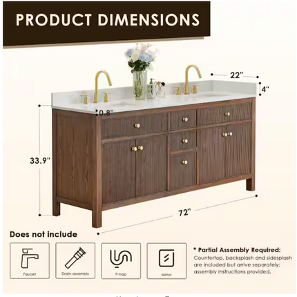 (W) Altair Cerrito 72" Double Sink Oak Vanity & Stone Top