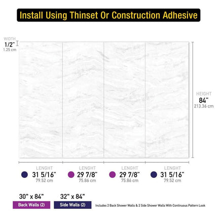 CASTICO 32 x 60x84 in. Solid Composite Stone Alcove Shower Insert Wall and Base Combo Kit, Nickel Door, Niche and Drain - Reversible CSBNB3260WHSLSL