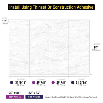 CASTICO 32 x 60x84 in. Solid Composite Stone Alcove Shower Insert Wall and Base Combo Kit, Nickel Door, Niche and Drain - Reversible CSBNB3260WHSLSL (Damaged Corner)