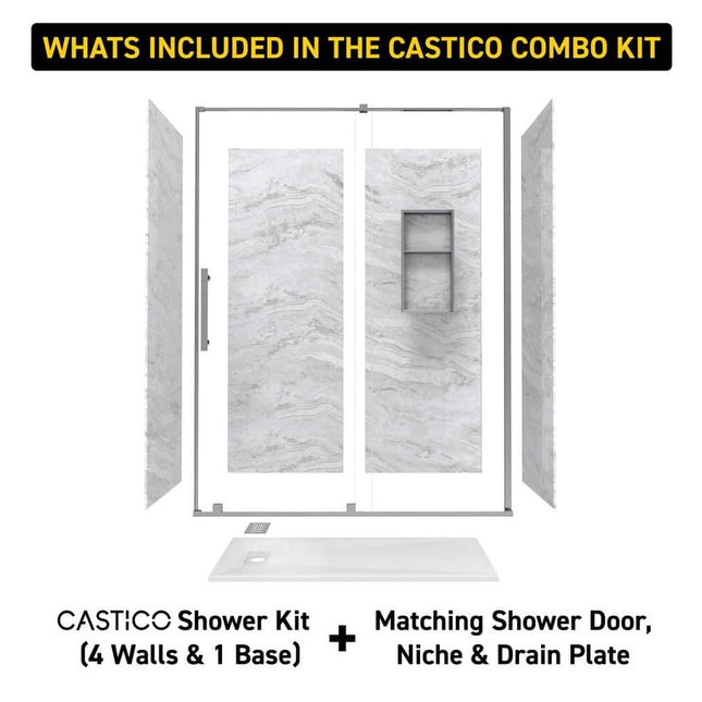CASTICO 32 x 60x84 in. Solid Composite Stone Alcove Shower Insert Wall and Base Combo Kit, Nickel Door, Niche and Drain - Reversible CSBNB3260WHSLSL