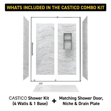 CASTICO 32 x 60x84 in. Solid Composite Stone Alcove Shower Insert Wall and Base Combo Kit, Nickel Door, Niche and Drain - Reversible CSBNB3260WHSLSL (Damaged Corner)