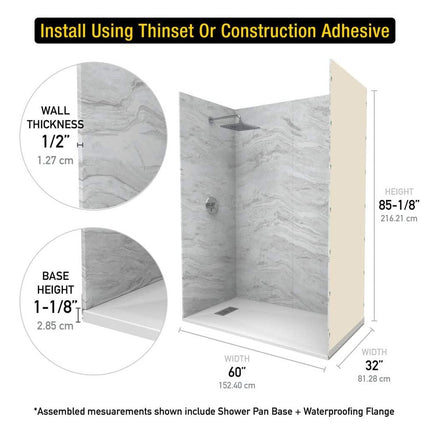 CASTICO 32 x 60x84 in. Solid Composite Stone Alcove Shower Insert Wall and Base Combo Kit, Nickel Door, Niche and Drain - Reversible CSBNB3260WHSLSL