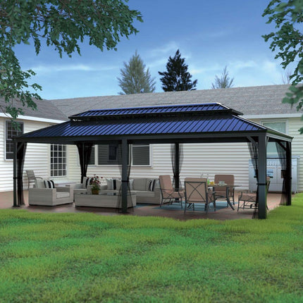 VEIKOUS 24 ft. W x 14 ft. D Aluminum Hardtop Gazebo with Galvanized Double Roof and Textilene Netting
