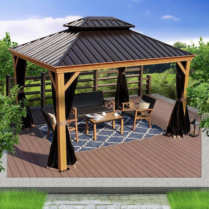 KOZYARD Apollo 10 ft. x 12 ft. Wood Like Aluminum Hardtop Gazebo with Galvanized Steel Roof and Mosquito Net