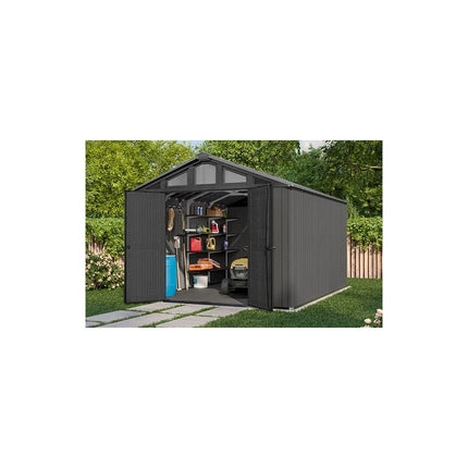 Keter Stronghold 2.0 10 ft. W x 15 ft. D Resin Plastic Outdoor Storage Shed with Floor (150 sq. ft.) in Grey