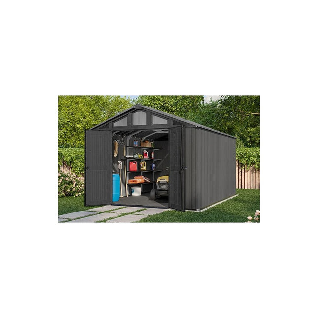 Keter Stronghold 2.0 10 ft. W x 15 ft. D Resin Plastic Outdoor Storage Shed with Floor (150 sq. ft.) in Grey