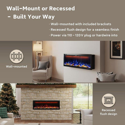 Clihome 74 in. W Wall-Mounted/Inserted Electric Fireplace in Metal Black CL-BI74Z
