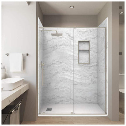 CASTICO 32 x 60x84 in. Solid Composite Stone Alcove Shower Insert Wall and Base Combo Kit, Nickel Door, Niche and Drain - Reversible CSBNB3260WHSLSL (Damaged Corner)