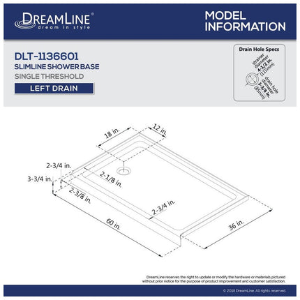 (Damage) DreamLine SlimLine 60 in. x 36 in. Single Threshold Shower Pan Base in White with Left Hand Drain DLT-1136601