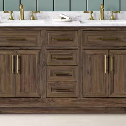 Home Decorators Collection Doveton 60 in. Double Sink Freestanding Dark Walnut Bath Vanity with White Engineered Marble Top