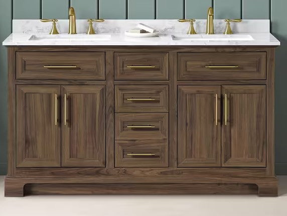 (BA) Home Decorators Collection Doveton 60 in. Double Sink Freestanding Dark Walnut Bath Vanity with White Engineered Marble Top