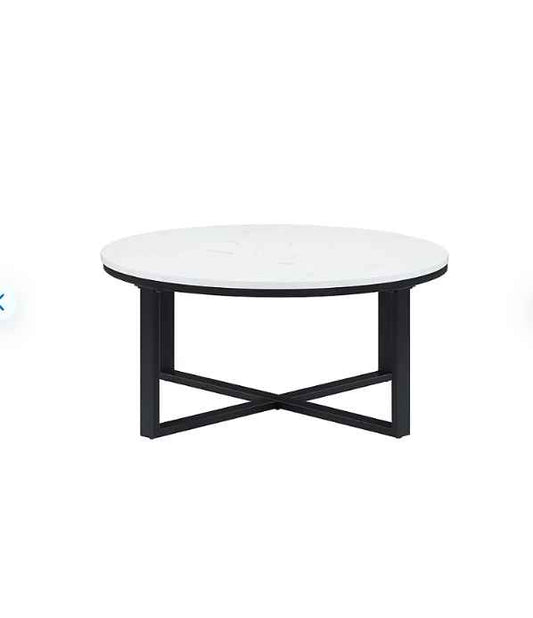 Adley Round Coffee Table with Faux Marble Top and Black Metal Base