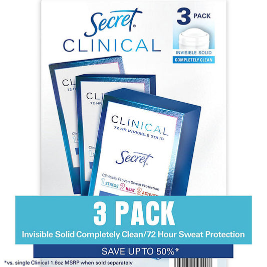 Secret Clinical Invisible Solid Antiperspirant and Deodorant, Completely Clean, 1.6 oz., 3 pk.