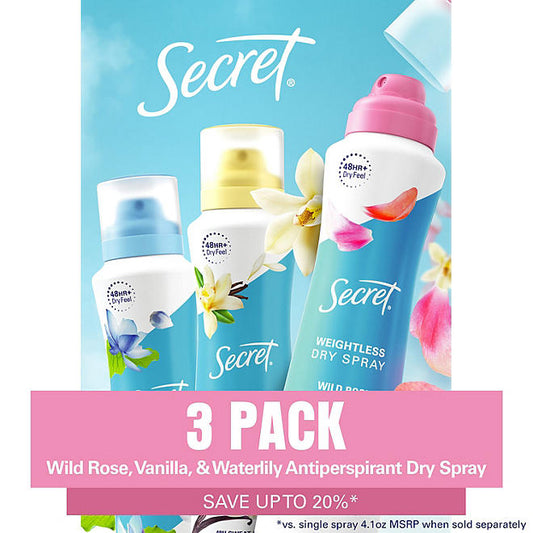 Secret Dry Spray Women's Antiperspirant Deodorant, Vanilla, Wild Rose & Waterlily, 4.1 oz., 3 pk.