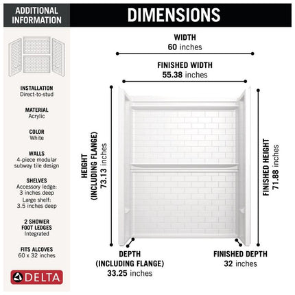 Delta Classic 500 Tile 60 in W 73.13 in H 32 in D Four piece Direct-to-stud Alcove Shower Wall Surround in High Gloss White B122106-6032-WH