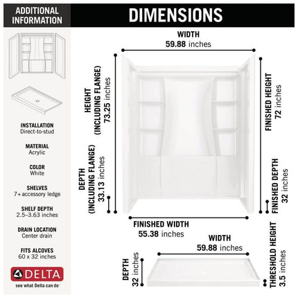 Delta Classic 500 32 in. L x 60 in. W x 72 in. H 4-Piece Alcove Shower Kit with Shower Wall and Shower Pan in High Gloss White BVS2-C5153-WH