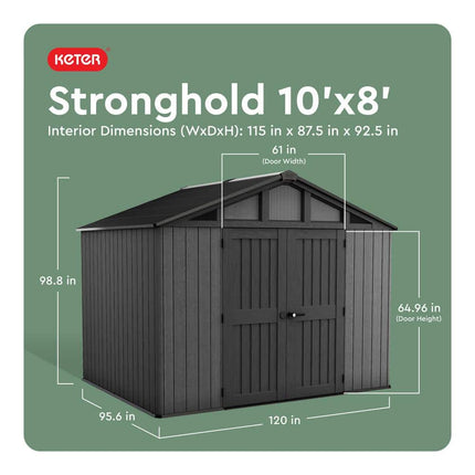 Keter Stronghold 2.0 10 ft. W x 8 ft. D Resin Plastic Shed with Floor, 74 sq. ft., in Grey, 259302