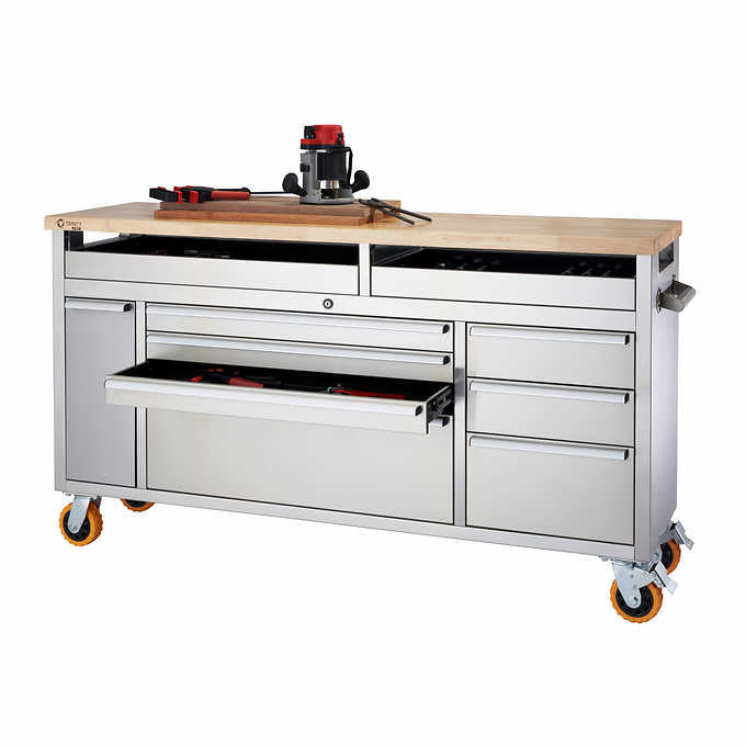 67.5 in. x 20.7 in. x 34.25 in - TRINITY 66" Stainless Steel Rolling Workbench with Clampable Raised Top