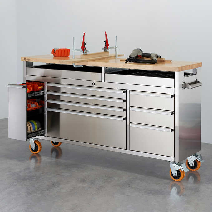 67.5 in. x 20.7 in. x 34.25 in - TRINITY 66" Stainless Steel Rolling Workbench with Clampable Raised Top