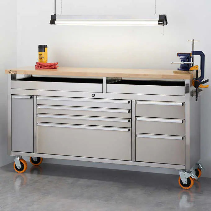 67.5 in. x 20.7 in. x 34.25 in - TRINITY 66" Stainless Steel Rolling Workbench with Clampable Raised Top