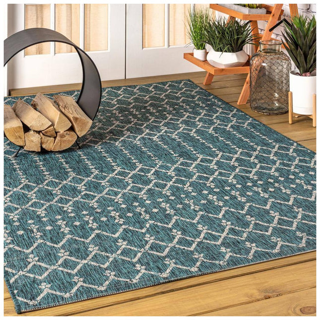 JONATHAN Y Ourika Moroccan Teal/Gray 7 ft. 9 in. x 10 ft. Geometric Textured Weave Indoor/Outdoor Area Rug