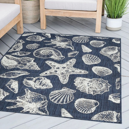 Tayse Rugs Eco Coastal Navy 6 ft. Round Indoor/Outdoor Area Rug
