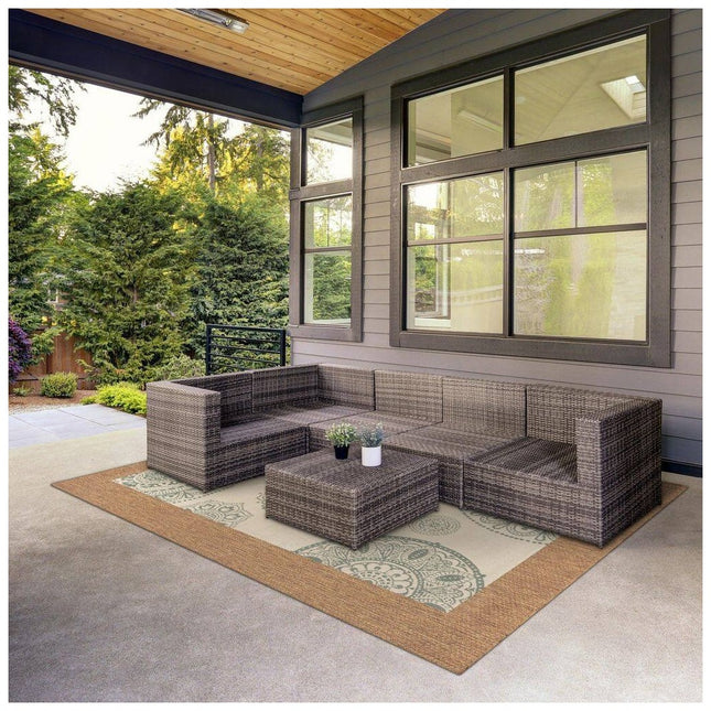 Hampton Bay Indoor/Outdoor Ivory/Blue 6 ft. x 9 ft. Medallion Layering Area Rug