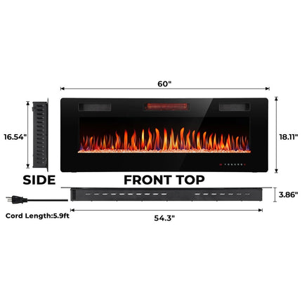 R.W.FLAME 60 in. Wall Mount Low Noise Electric Fireplace with Remote Control and Touch Screen, Multi Color Flame in Black
