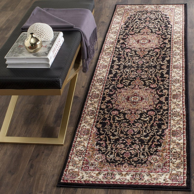 SAFAVIEH Lyndhurst Black/Ivory 2 ft. x 12 ft. Floral Border Antique Runner Rug